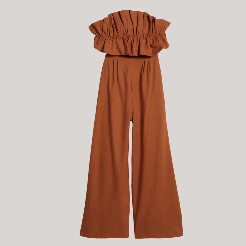 ASTR The Label Ruffle Bodice Tie Back Strapless Cotton Linen Jumpsuit Brown S - Picture 6 of 13